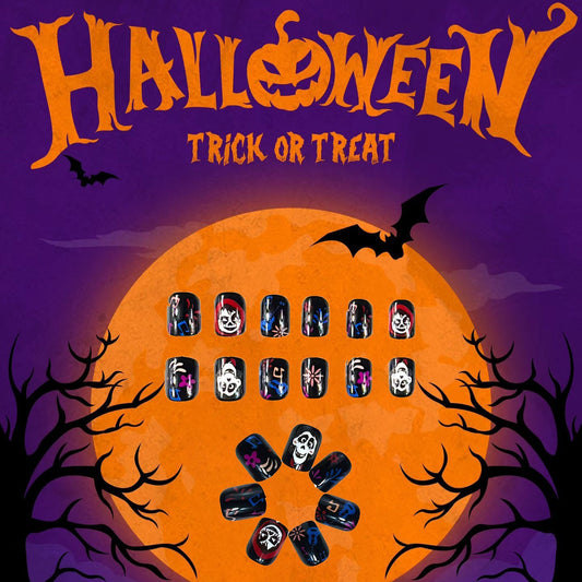Halloween Spooktacular Medium Square Black and Colorful Skull Design Press On Nail Set