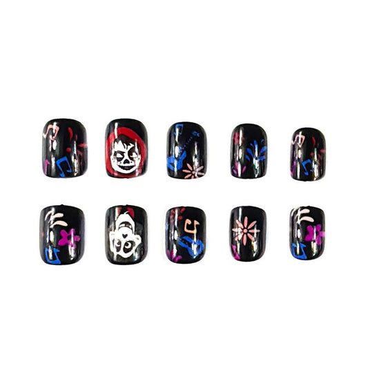 Witching Hour Press On Nail Set Medium Square Black with Colorful Gothic Art Design