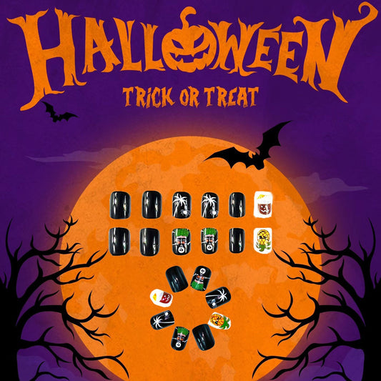 Halloween Themed Short Oval Black Press on Nail Set with Spooky Skeleton and Pumpkin Designs