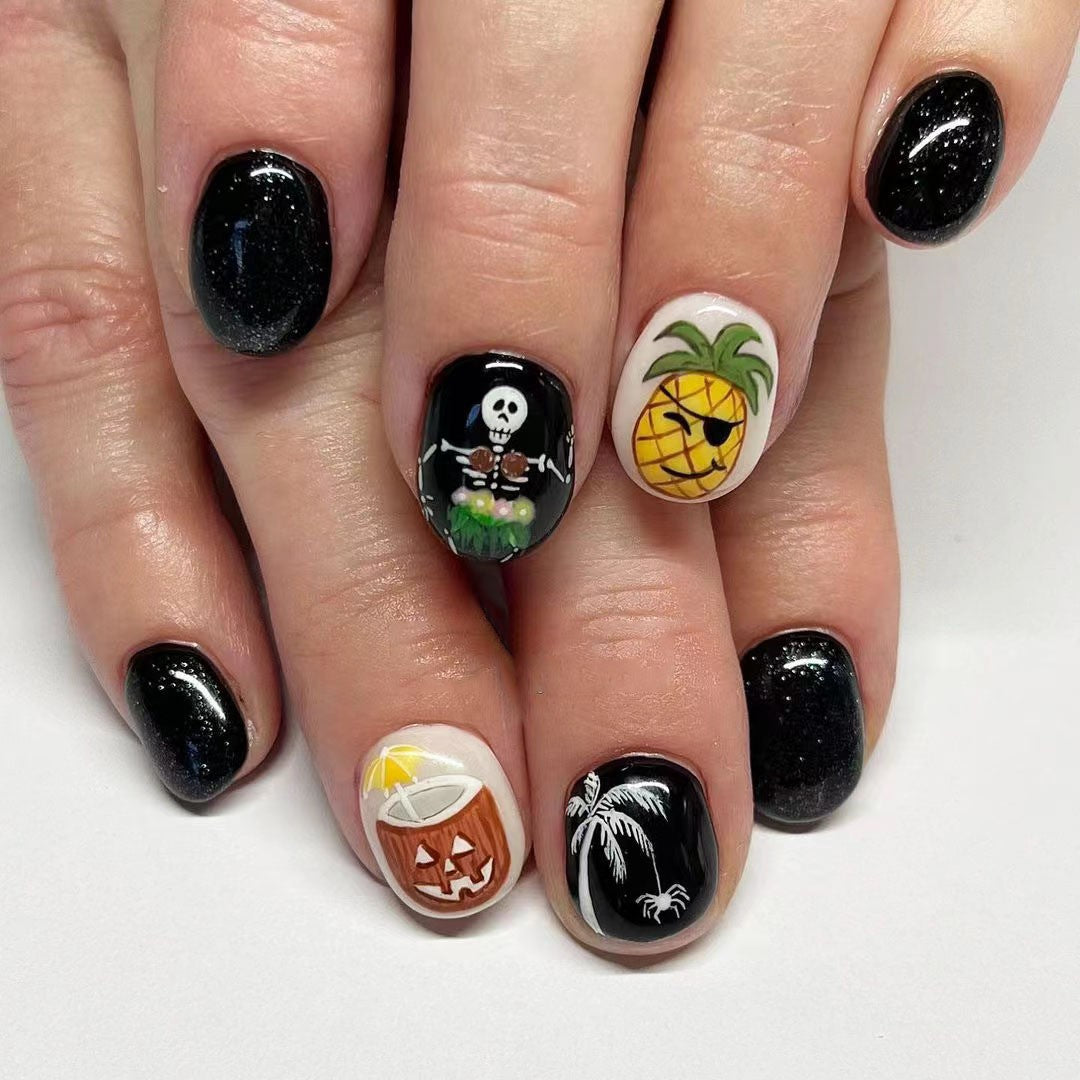 Spooky Tropical Vibes Short Oval Black and White Press On Nail Set with Halloween and Summer Designs