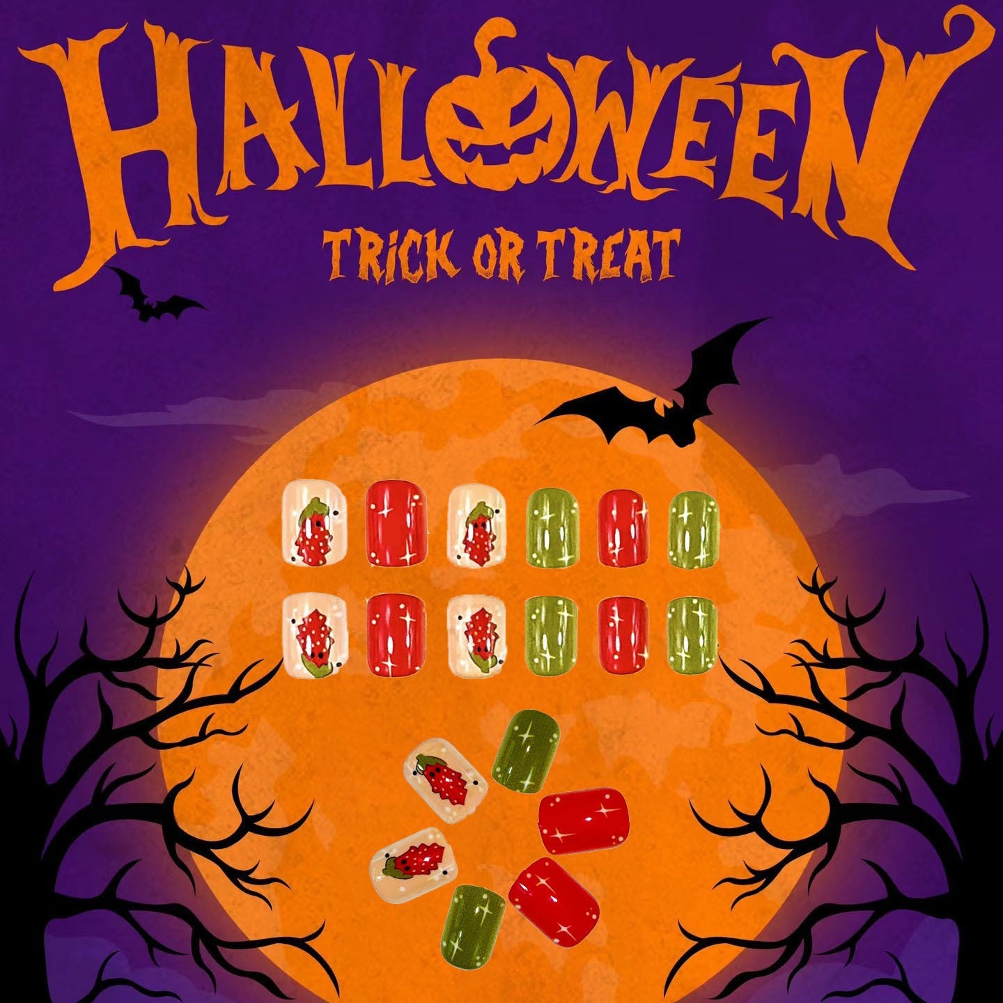 Halloween Themed Short Oval Red Green and White Press On Nail Set with Glittery Pumpkin Designs