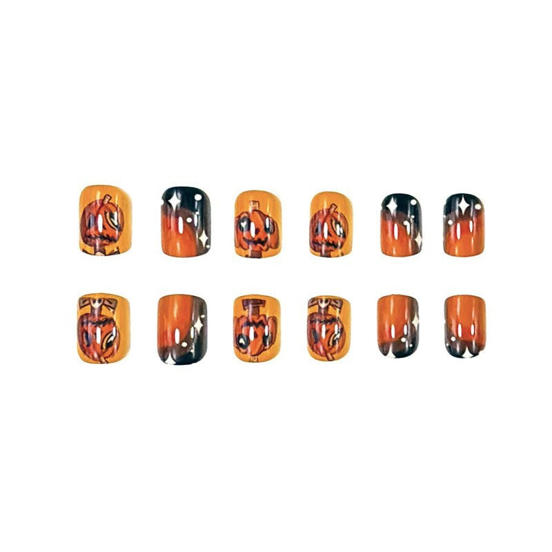 Spooky Halloween Short Oval Orange and Black Press On Nail Set with Pumpkin Designs