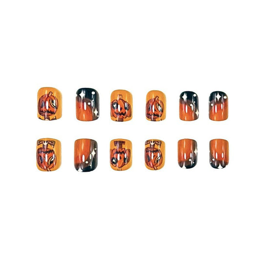 Spooky Halloween Short Oval Orange and Black Press On Nail Set with Pumpkin Designs