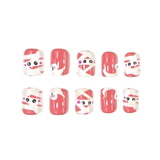 Kawaii Candyland Short Oval Pink Nail Set with Cute Character Designs