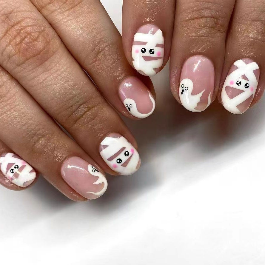 Spooky Ghosts Short Oval Pink Press On Nails with Cute Cartoon Characters