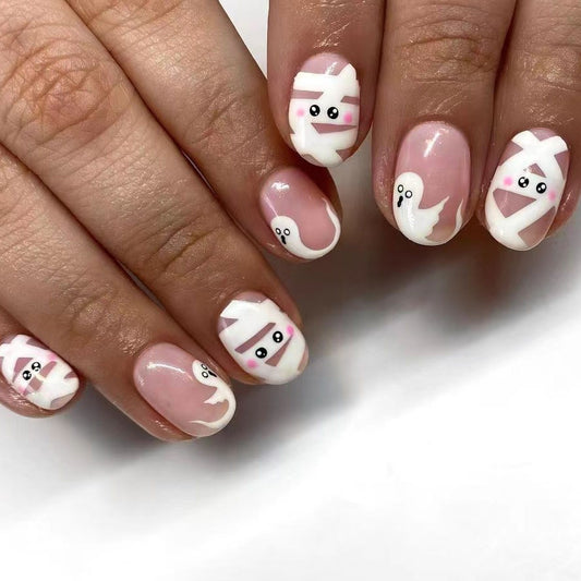 Spooky Ghosts Short Oval Pink Press On Nails with Cute Cartoon Characters