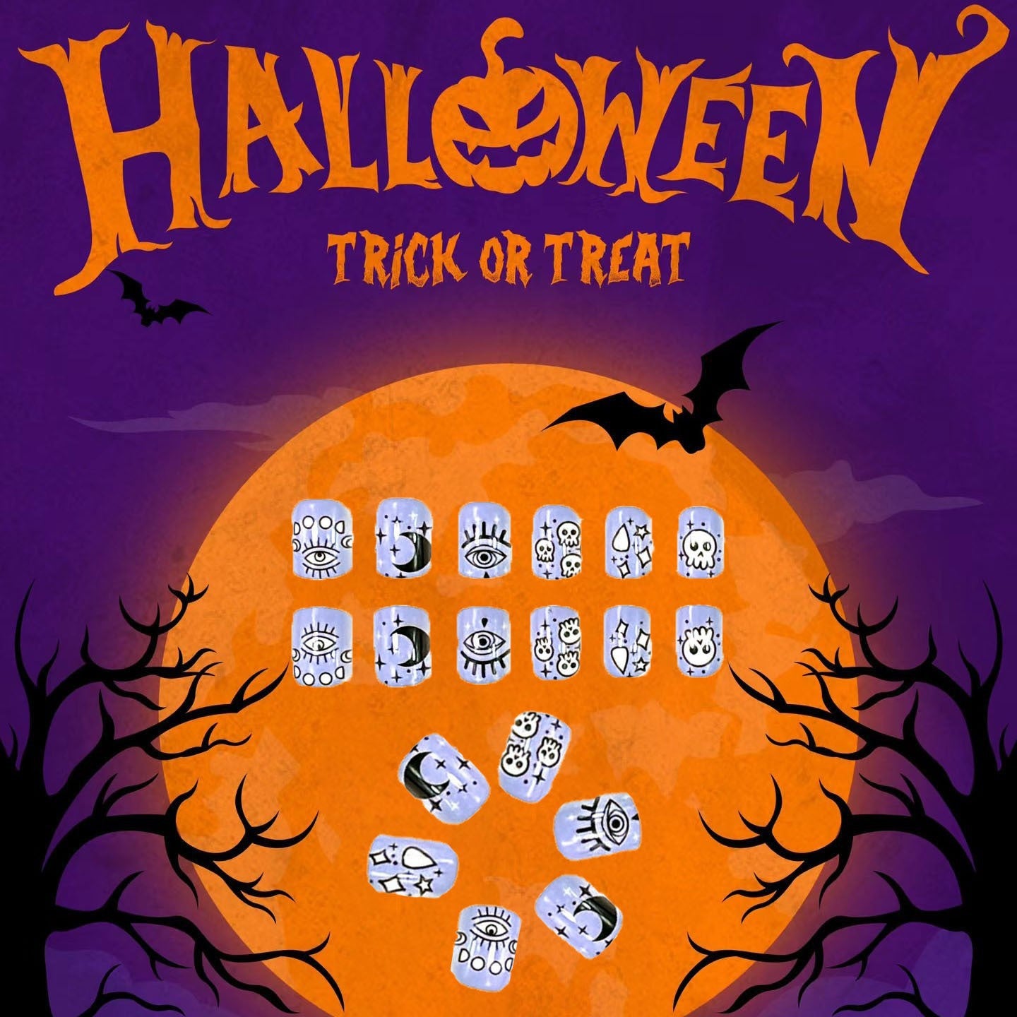 Spooky Halloween Medium Oval Blue Ghost Eyes Press On Nail Set Perfect for Trick or Treat Festivities