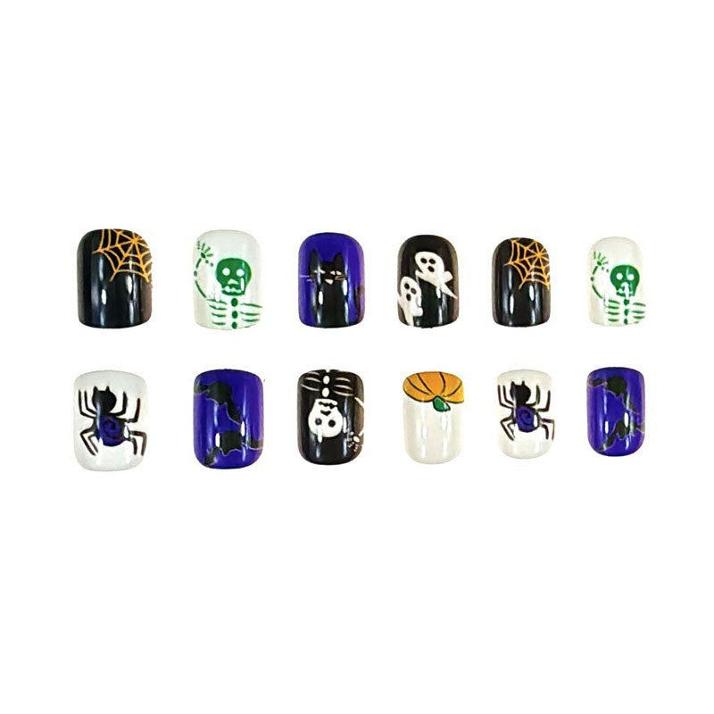 Haunted Halloween Short Oval Black and Purple Press On Nail Set with Spooky Skeleton and Spider Designs