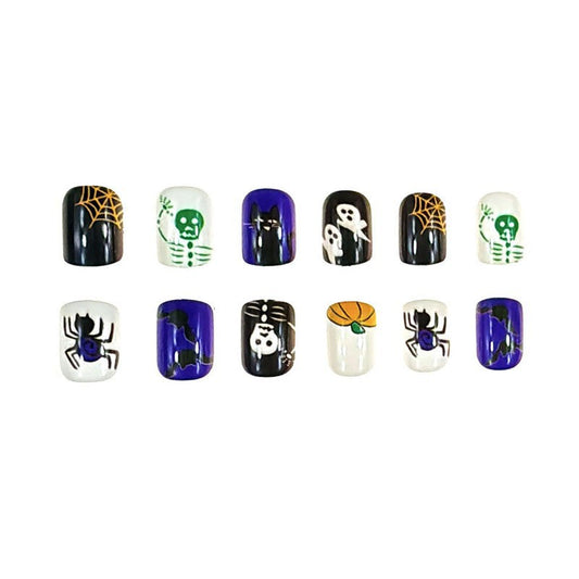 Haunted Halloween Short Oval Black and Purple Press On Nail Set with Spooky Skeleton and Spider Designs
