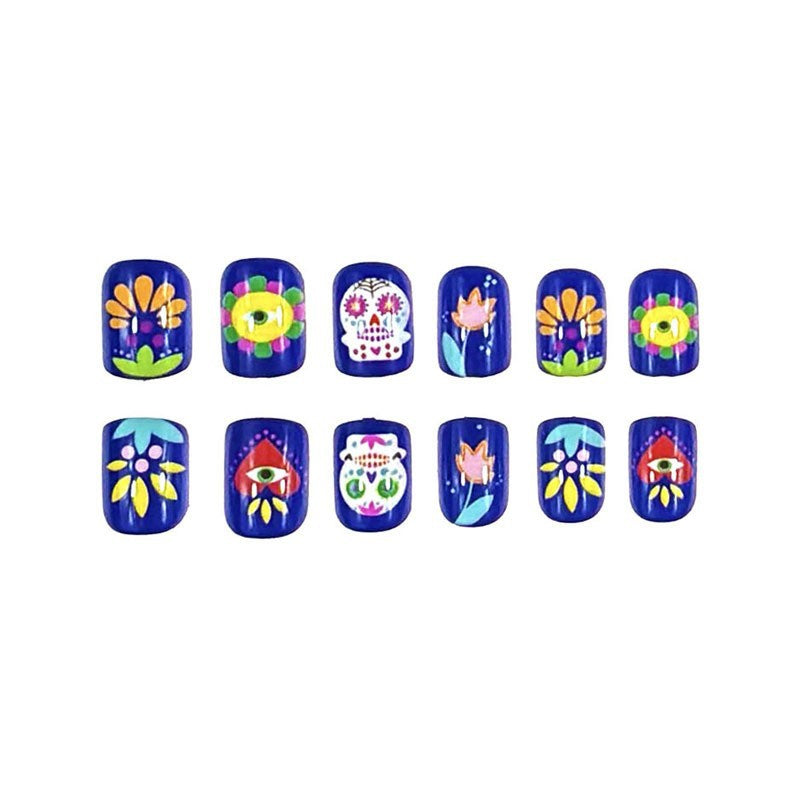 Bohemian Blooms Colorful Square Press On Short Nail Set Floral Design in Deep Blue Background