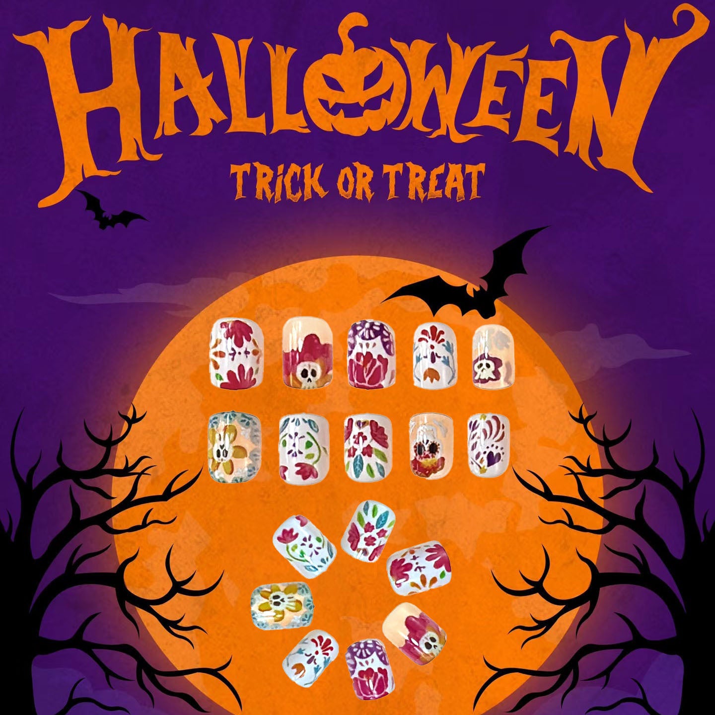Halloween Magic Short Oval Colorful Floral and Skull Themed Press On Nail Set