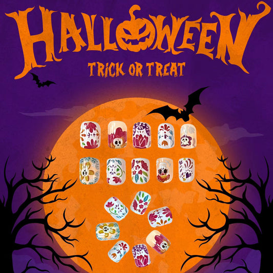 Halloween Magic Short Oval Colorful Floral and Skull Themed Press On Nail Set