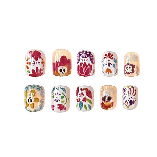 Day of the Dead Floral Oval Short Press On Nail Set Multicolor with Intricate Sugar Skull Designs