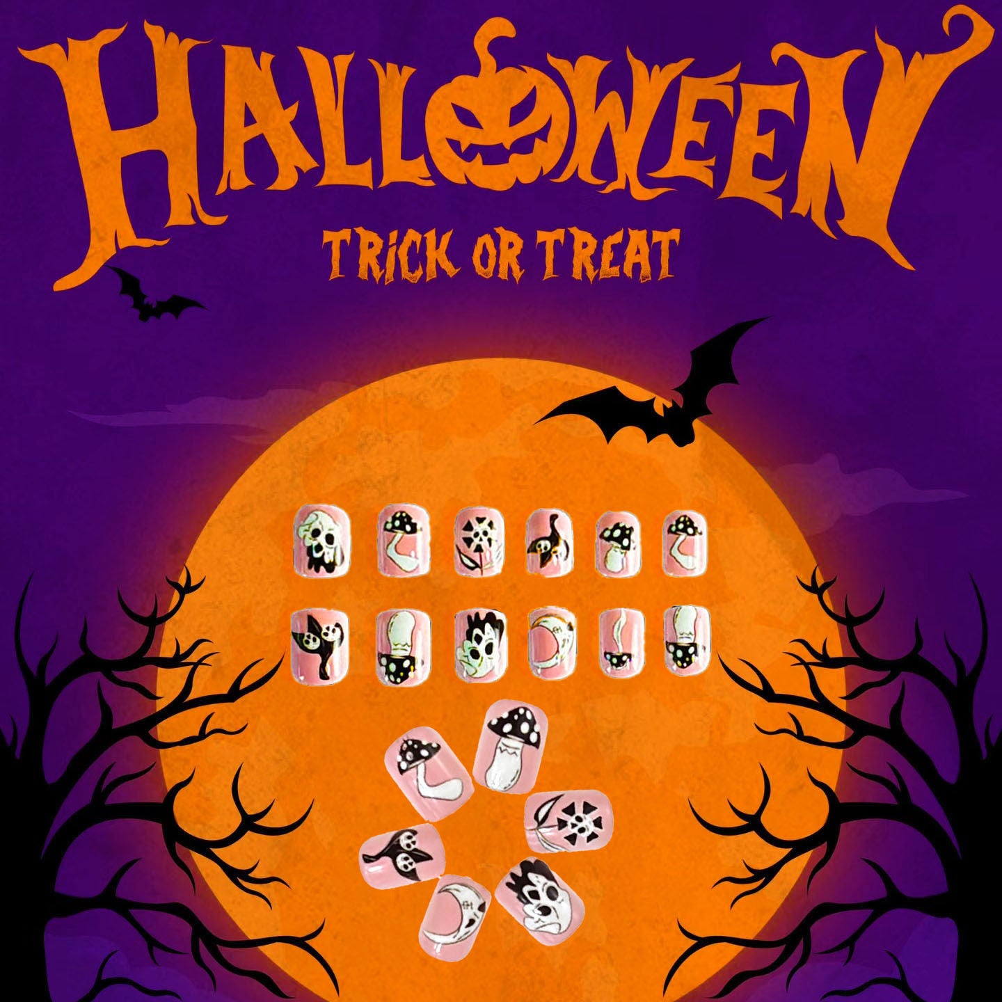 Halloween Themed Short Oval Style Purple and Orange Press On Nail Set with Spooky Skull Designs