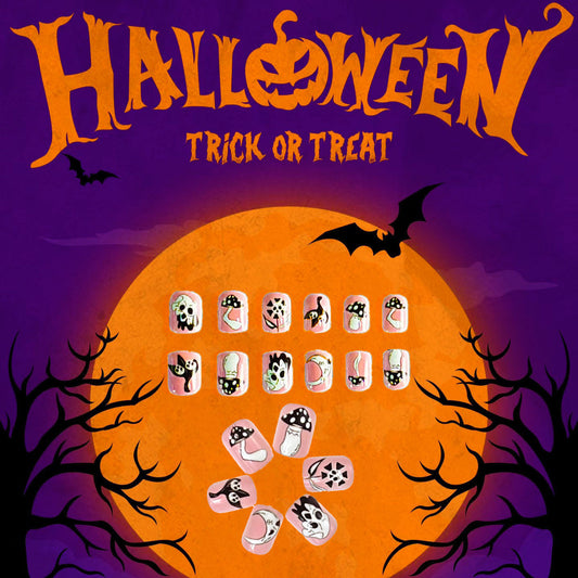 Halloween Themed Short Oval Style Purple and Orange Press On Nail Set with Spooky Skull Designs