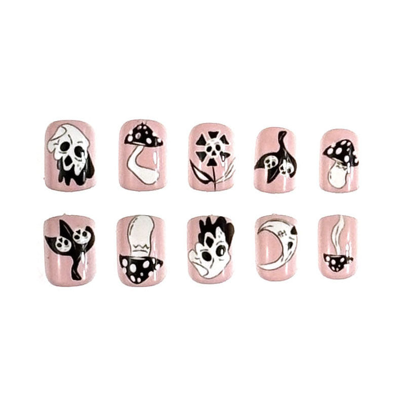 Spooky Garden Short Oval Pink Press On Nail Set with Fun Ghost and Mushroom Designs