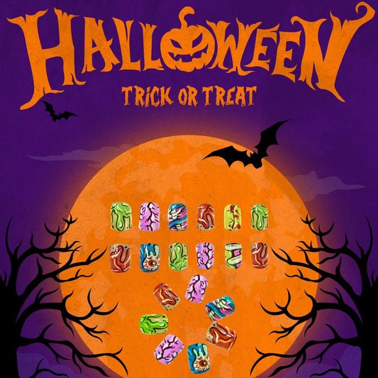 A collection of colorful nail art designs with a Halloween theme, including skeletons, bats, pumpkins, and ghosts, displayed against a Halloween-themed background with a full moon and dark trees.