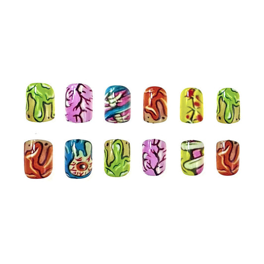 Vibrant Jungle Adventure Short Oval Rainbow Press On Nail Set with Unique Artistic Designs