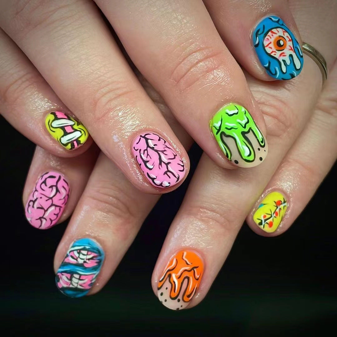 Monster Mash Vibrant Oval Press On Nail Set Short Multicolor with Dripping Artistry Feature