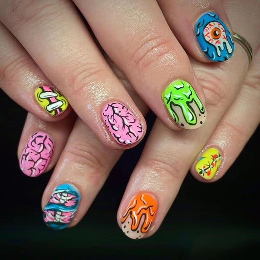 Monster Mash Vibrant Oval Press On Nail Set Short Multicolor with Dripping Artistry Feature