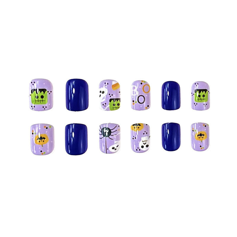 Spooky Halloween Short Square Purple and Blue Press On Nail Set with Fun Monster and Ghost Designs