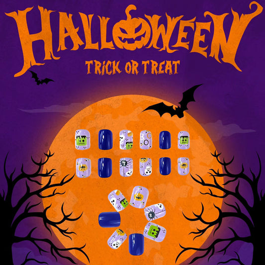 Halloween Spooktacular Short Square Blue and Clear Press On Nail Set with Monster and Ghost Designs