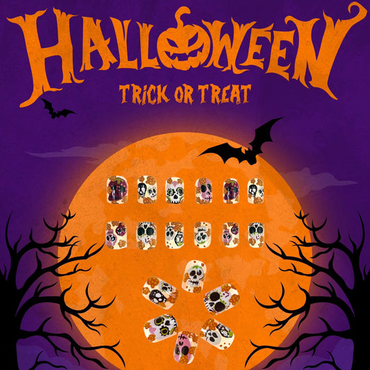 Halloween Spooky Charm Short Oval Style Multicolor Skull Design Press On Nail Set