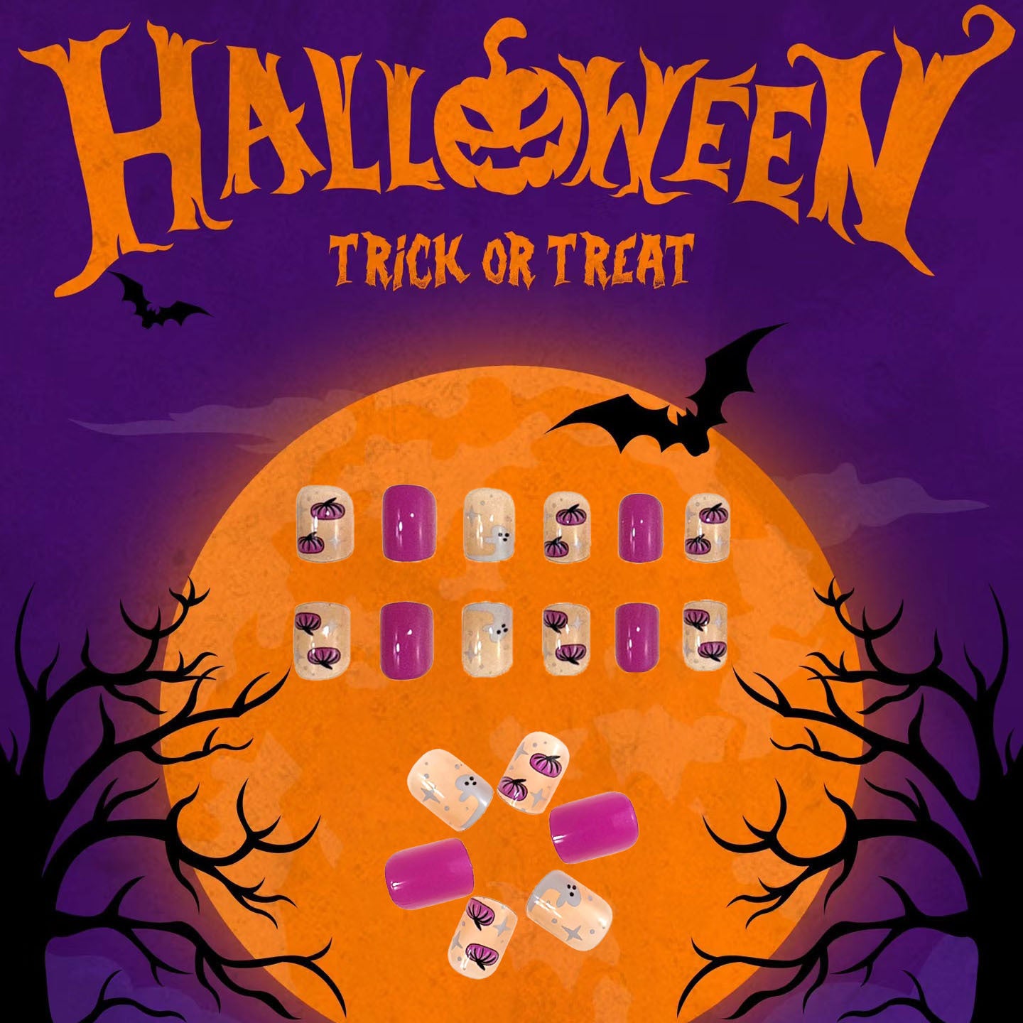 Halloween Themed Short Oval Purple and Translucent Nails with Spooky Ghosts and Bats Design