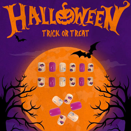 Halloween Themed Short Oval Purple and Translucent Nails with Spooky Ghosts and Bats Design