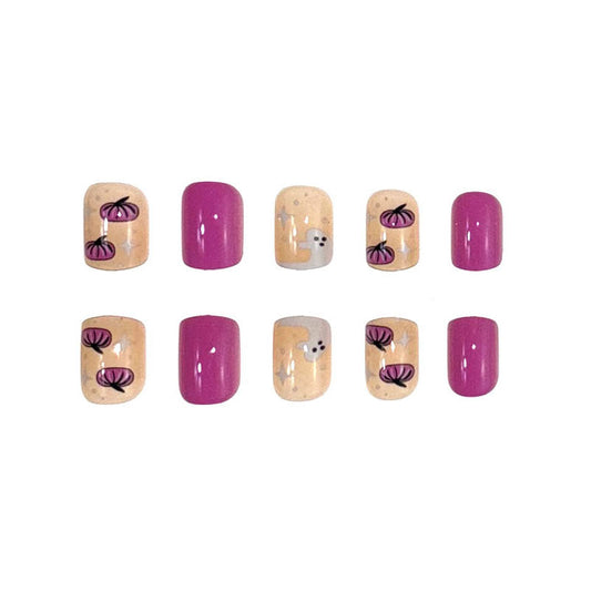 Spooky Garden Extra Short Oval Purple and Beige Press On Nail Set with Whimsical Ghosts and Flower Designs