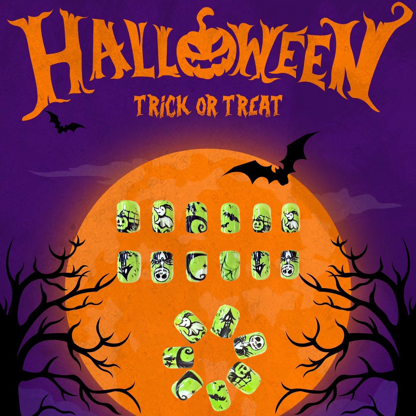 Halloween Spooktacular Short Oval Green Glow In The Dark Press On Nail Set With Creepy Designs