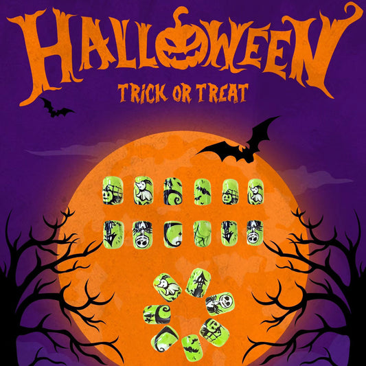 Halloween Spooktacular Short Oval Green Glow In The Dark Press On Nail Set With Creepy Designs