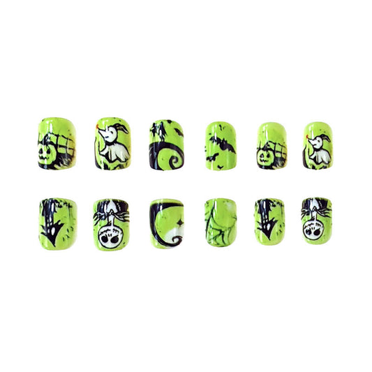 Spooky Halloween Short Oval Green Press On Nail Set With Unique Ghost And Pumpkin Designs