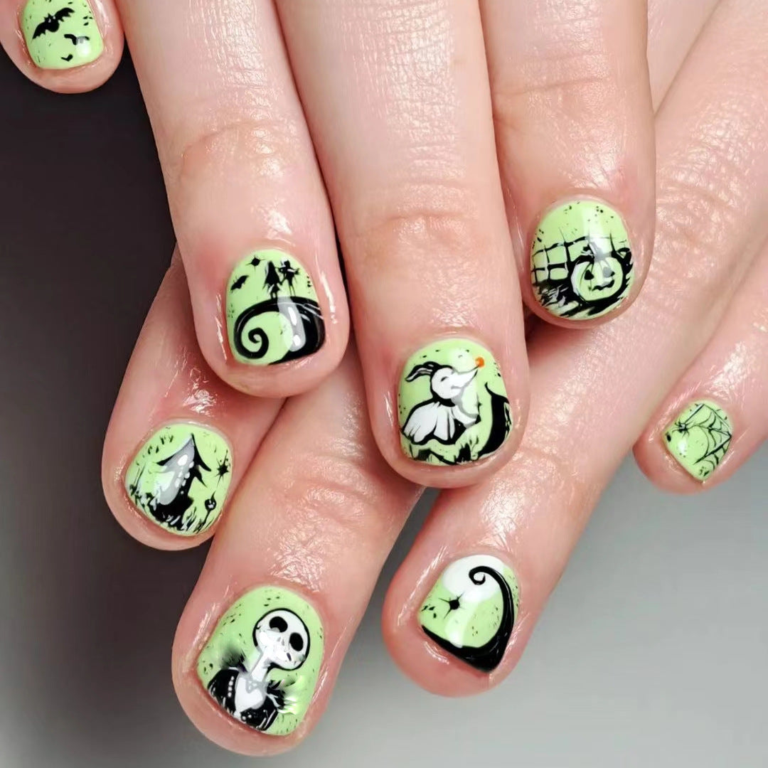 Spooky Forest Short Oval Neon Green Press On Nail Set With Whimsical Nightmare Before Christmas Designs