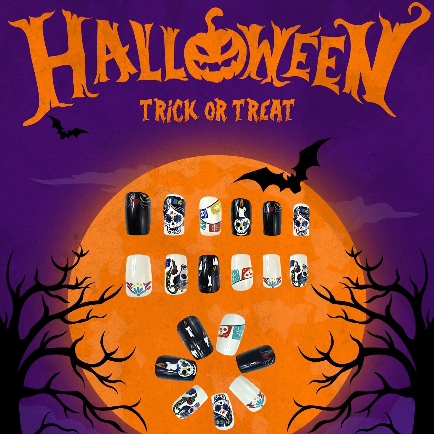 Spooky Halloween Long Square Press On Nail Set Black White Colorful Skull Design