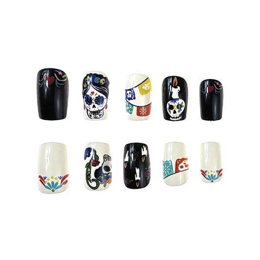Festival Spirit Long Square Black and White Sugar Skull Press On Nail Set with Intricate Art Designs