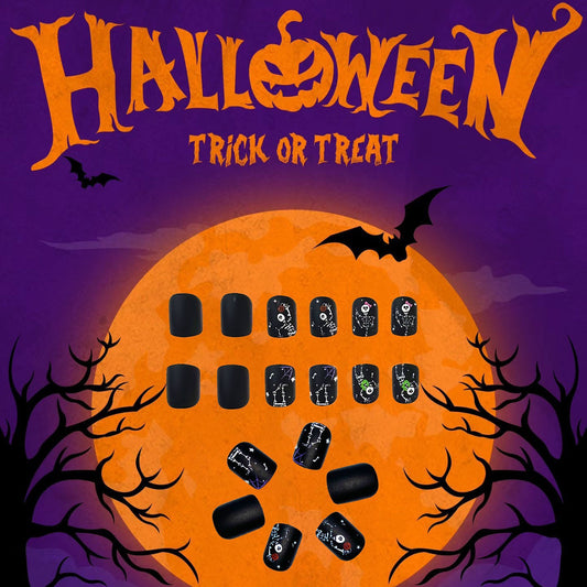 Halloween Spooktacular Short Oval Matte Black Press On Nail Set with Glow in the Dark Skeleton Designs