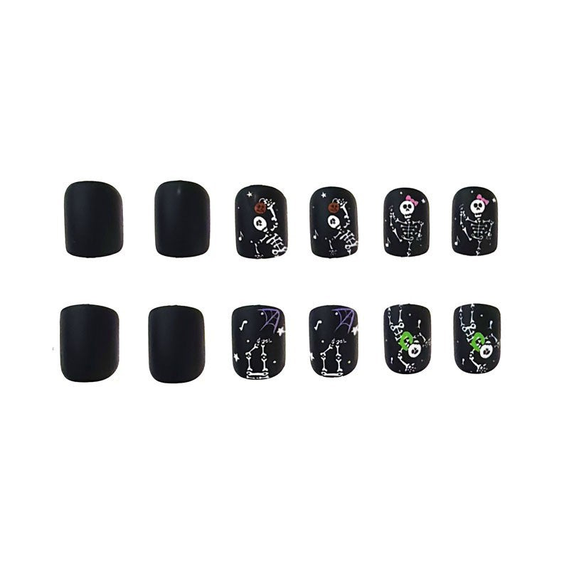 Spooky Skeletons Matte Black Short Oval Press On Nail Set with Fun Halloween Designs