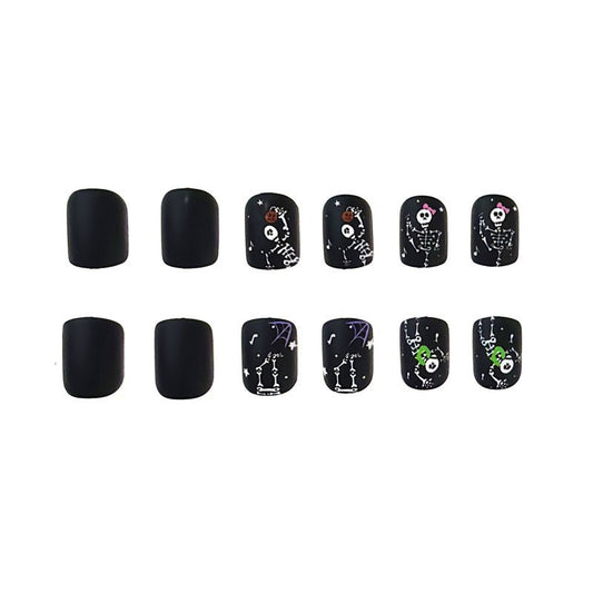 Spooky Skeletons Matte Black Short Oval Press On Nail Set with Fun Halloween Designs