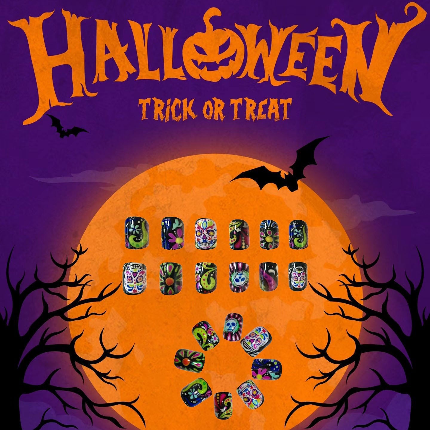 A collection of colorful press-on nails with Halloween themed designs, including skulls and bats, displayed against a Halloween-themed background with a large full moon and dark trees.