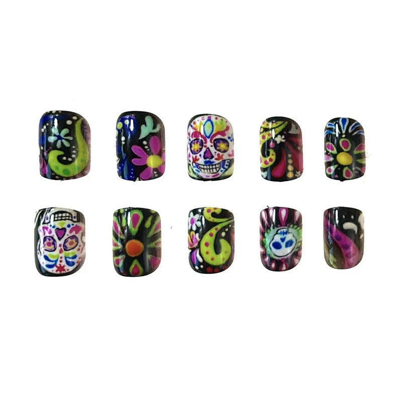Day of the Dead Inspired Short Oval Multicolor Floral and Skull Themed Press On Nail Set