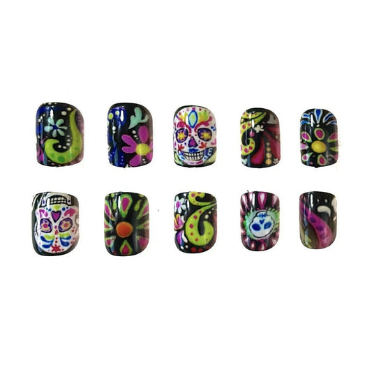Day of the Dead Inspired Short Oval Multicolor Floral and Skull Themed Press On Nail Set
