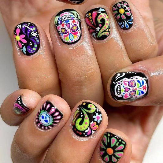 Sugar Skull Festival Short Oval Colorful Press On Nail Set with Artistic Floral and Skull Designs