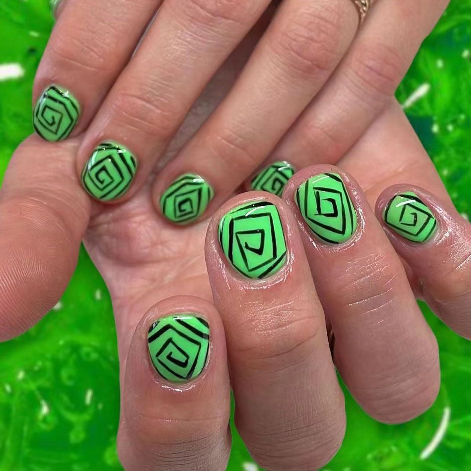 Mystical Green Swirl Short Oval Press On Nail Set with Eye-Catching Spiral Design