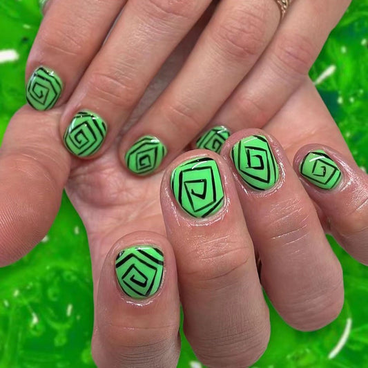 Mystical Green Swirl Short Oval Press On Nail Set with Eye-Catching Spiral Design