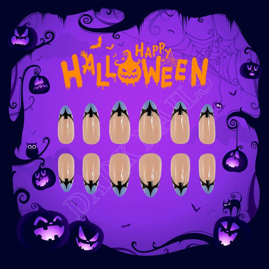 Spooky Halloween Long Almond Natural Beige with Blue Tips and Bat Design Press On Nail Set