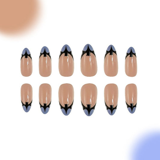 Artistic Glamour Long Almond Beige and Black Press On Nail Set with Blue Heart Design