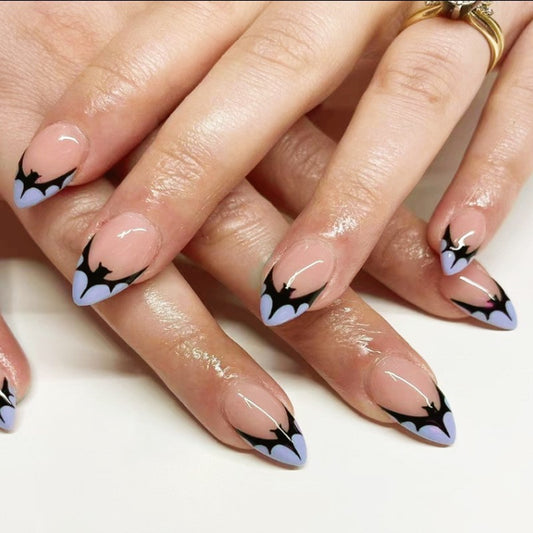 Gothic Elegance Long Almond Lavender and Black Press On Nail Set with Intricate Bat Design