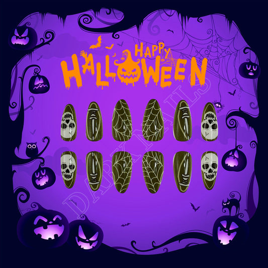 Halloween Themed Extra Long Almond Shaped Black and Green Press On Nail Set with Skull and Spiderweb Designs