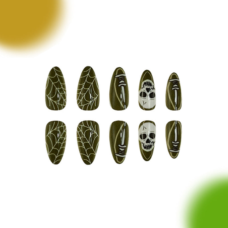 Spooky Halloween Long Almond Olive Green Press On Nail Set with Skull and Spider Web Designs